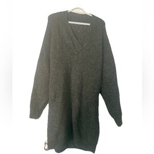 Zara Black V-Neck Ribbed Knit Sweater Dress oversized Sz M cozy classy